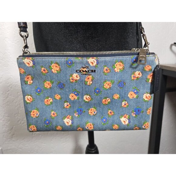 Coach Layla Shoulder Bag in Denim with Floral Print and Leather M1681-F57549 - Picture 2 of 9